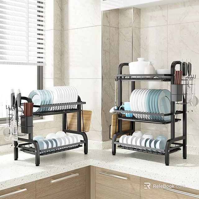 Black Multi Tiered Dish Racks For Kitchen Countertop With Plates Bowls And Utensils 3d model 