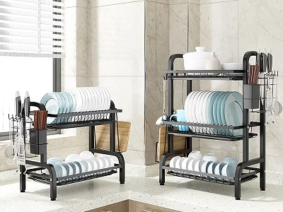 Black Multi Tiered Dish Racks For Kitchen Countertop With Plates Bowls And Utensils 3d model