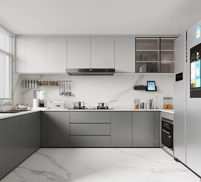 Modern Open Kitchen Interior With White And Grey Cabinets Marble Countertop Appliances And Utensil Rack 3d model 