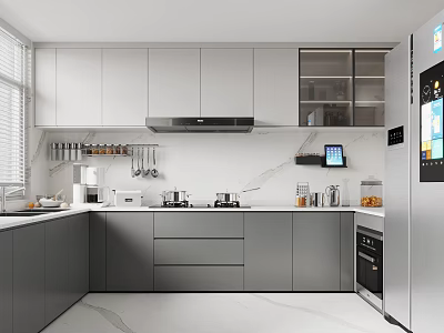 Modern Open Kitchen Interior With White And Grey Cabinets Marble Countertop Appliances And Utensil Rack 3d model