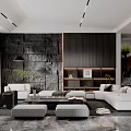 Modern Living Room With Gray Stone Wall Dark Wood Accents White Sofa And Marble Floor