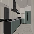 Modern Kitchen Interior With Light And Dark Cabinets Marble Countertop And Black Range Hood