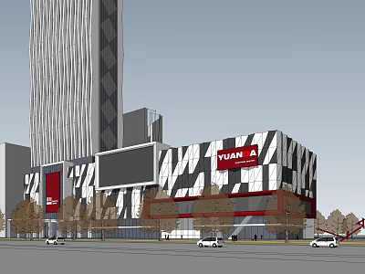 Modern Commercial Complex With Black And White Striped Exterior And YUAN Signage In Urban Area 3d model
