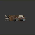 Brown Sectional Sofa Featuring Vintage TV On Side Table With Red Rug And Folding Chair