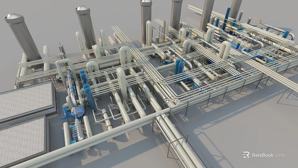 Industrial Plant Piping System With Storage Tanks And Metal Structures 3d model 