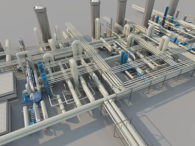 Industrial Plant Piping System With Storage Tanks And Metal Structures 3d model