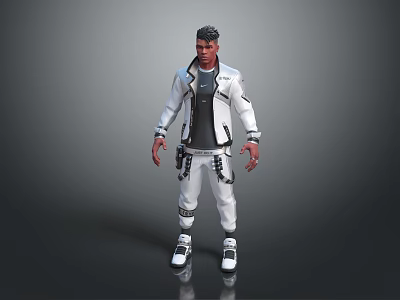Stylish Man Wearing White Jacket Black Inner Shirt White Pants With Chain Details White Shoes 3d model