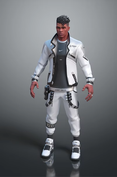 Stylish Man Wearing White Jacket Black Inner Shirt White Pants With Chain Details White Shoes 3d model
