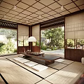 Traditional Tea Room Interior Design With Tatami Flooring Wooden Structure And Greenery View
