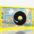 Vintage Vinyl Record Player Check In Board With Yellow Border Colorful Text And Happy Elements