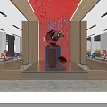 Modern Showroom Interior With Red LOGO Wall Reception Wooden Walls Marble Floor And Car Models