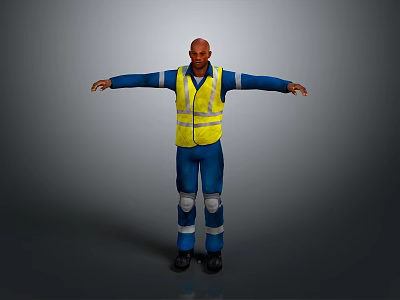 3D Model Of Man Wearing Yellow Safety Vest And Blue Work Pants With Reflective Strips 3d model