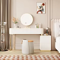 Modern Elegant Dressing Table With White Countertop Gold Metal Legs Round Mirror Cosmetics And Orange Stool