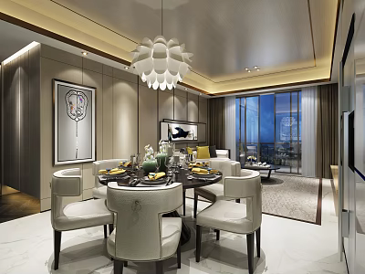 Modern Restaurant Interior With Round Dining Table White Chairs Chandelier And City View 3d model