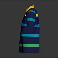 Navy Blue Short Sleeved Polo Shirt With Yellow Collar And Blue Green Yellow Stripes Design