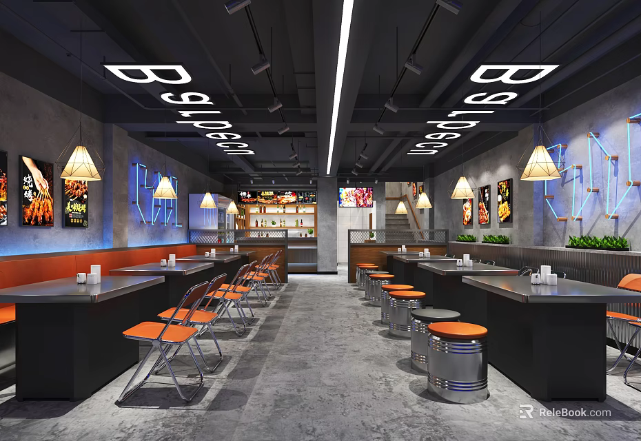 Modern Industrial Restaurant Interior With Neon Signs Pendant Lights And Dining Tables 3d model 