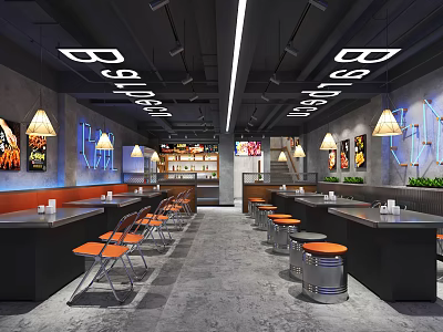 Modern Industrial Restaurant Interior With Neon Signs Pendant Lights And Dining Tables 3d model