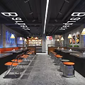 Modern Industrial Restaurant Interior With Neon Signs Pendant Lights And Dining Tables