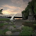 Road Infrastructure Featuring Arch Bridge Over River With Evening Sky Natural Surroundings And Illuminated Design