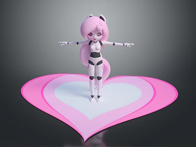 3D Game Movie Character With Pink Hair Cat Ears Standing On Heart Platform Arms Outstretched 3d model
