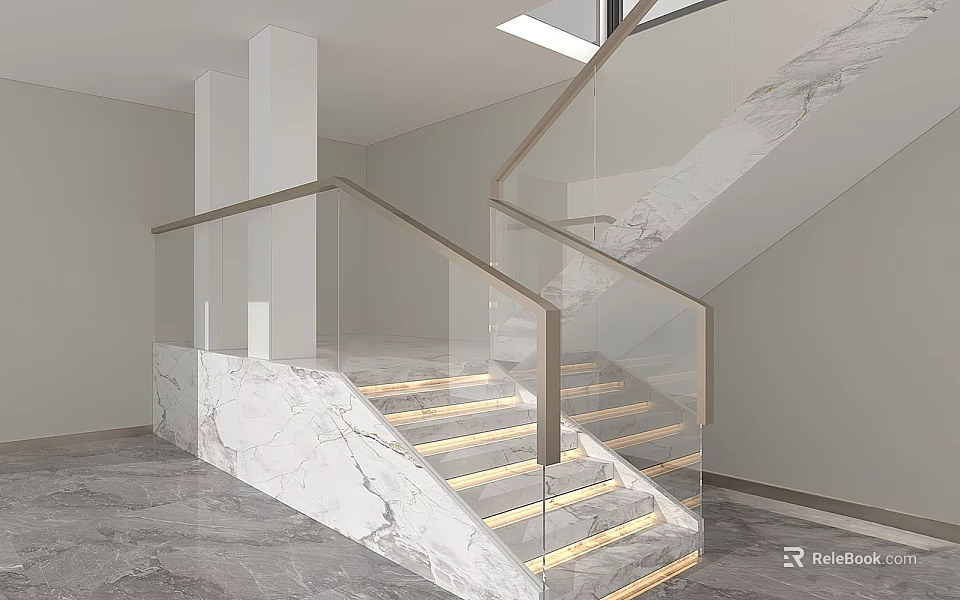 Modern Marble Staircase With Glass Railing And LED Step Lighting Design 3d model
