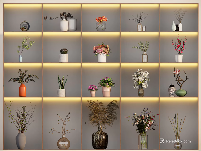 Various Decorative Vases With Flowers And Plants On Illuminated Wall Mounted Shelves 3d model 