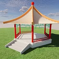 Traditional Chinese Pavilion With Red Pillars Yellow White Roof On Green Lawn Under Blue Sky