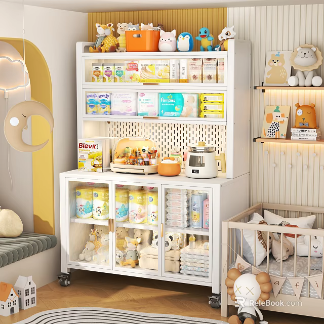 Cozy Kids Room With Storage Shelves Toys Baby Crib And Decorative Lamp 3d model 