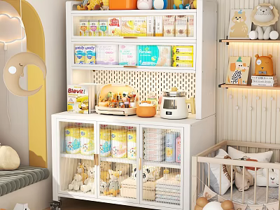 Cozy Kids Room With Storage Shelves Toys Baby Crib And Decorative Lamp 3d model