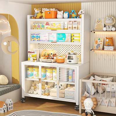 Cozy Kids Room With Storage Shelves Toys Baby Crib And Decorative Lamp 3d model