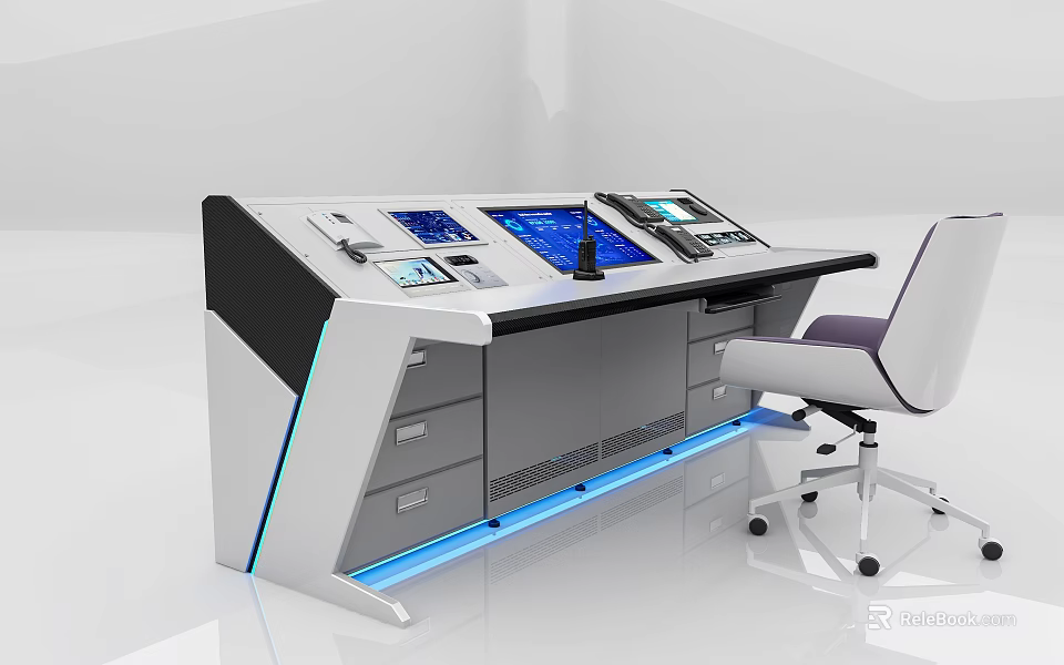 Modern Public Facility Control Console With Multiple Screens Blue Lighting And Chair 3d model 