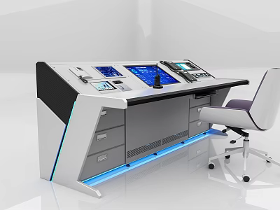 Modern Public Facility Control Console With Multiple Screens Blue Lighting And Chair 3d model