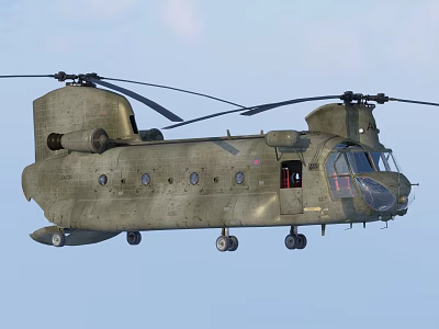 Military Green Twin Rotor Helicopter Flying In Blue Sky With Rotor Blades 3d model
