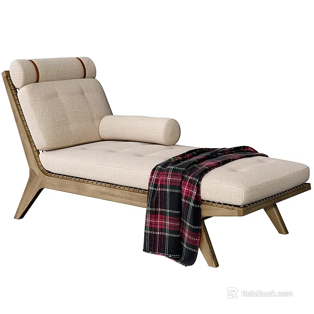 Modern Single Bed With Wooden Frame Upholstered Mattress And Plaid Blanket 3d model 