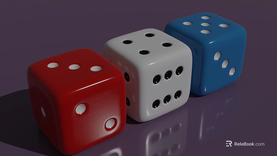 Colorful Set Of Three Red White Blue Dice With Smooth Shiny Surfaces 3d model 
