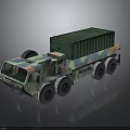 Camouflaged Military Truck With Green Cargo Container And Multi Wheeled Structure