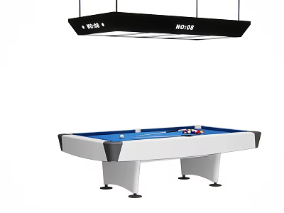 Blue Felt Billiard Table With White Frame And Hanging Lighting Fixture 3d model