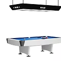 Blue Felt Billiard Table With White Frame And Hanging Lighting Fixture 3d model