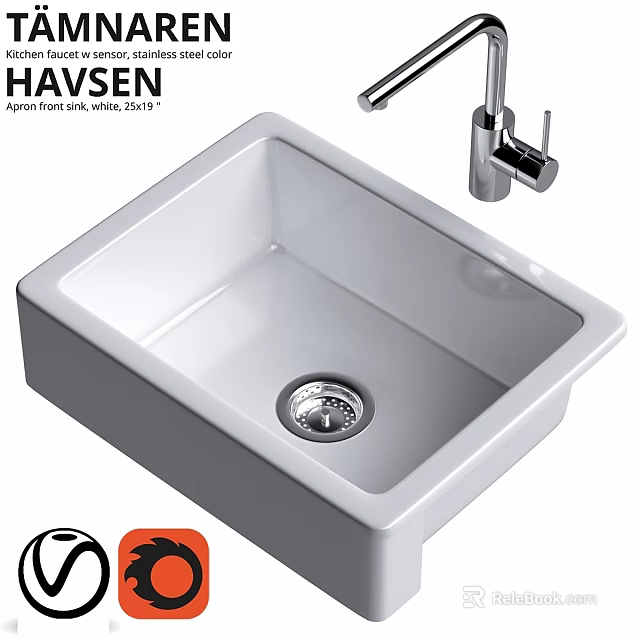 White Ceramic Kitchen Sink with Chrome Faucet for Modern Home Kitchens 3d model 