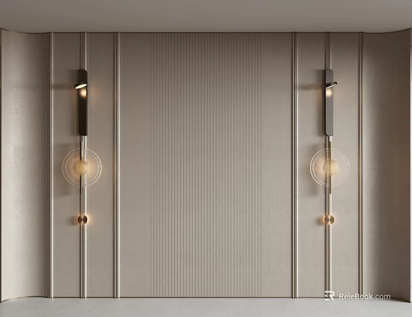 Modern Neutral Textured Background Wall With Vertical Stripes And Metallic Wall Lamps 3d model 