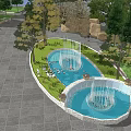 Outdoor Park Fountain with Circular Pool and Multi Tiered Jets in Landscaped Garden
