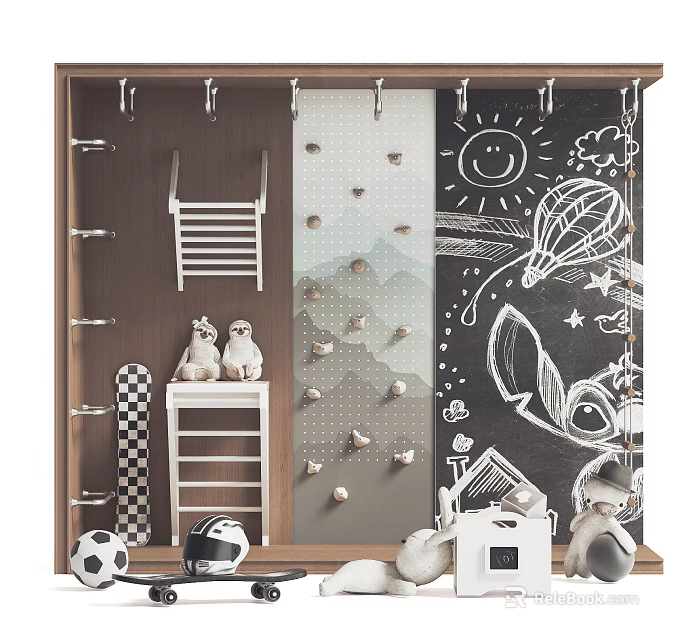 Kids Room Wall With Hooks Chalkboard Drawings Toys Storage Ladder And Soccer Ball 3d model 
