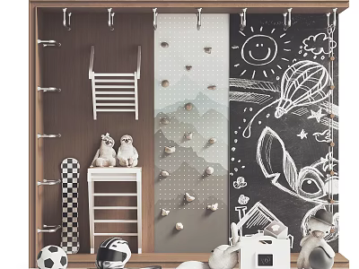 Kids Room Wall With Hooks Chalkboard Drawings Toys Storage Ladder And Soccer Ball 3d model