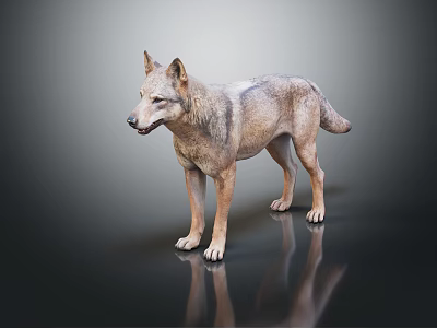 Realistic 3D Wolf Model Standing On Dark Surface With Reflection 3d model