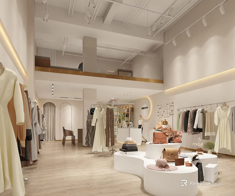 Modern Clothing Store Interior With Display Racks Clothes Showcase Wooden Floors Pendant Lights Second Floor 3d model 