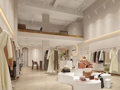 Modern Clothing Store Interior With Display Racks Clothes Showcase Wooden Floors Pendant Lights Second Floor 3d model