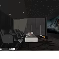 Modern Home Theater Room With Starry Ceiling Black Leather Sofas And Large Screen TV 3d model