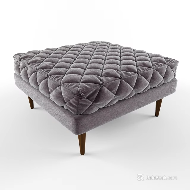Gray Velvet Quilted Ottoman With Wooden Legs Modern Living Room Furniture 3d model 
