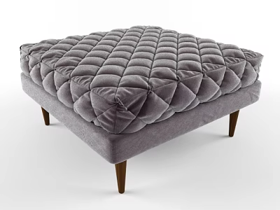 Gray Velvet Quilted Ottoman With Wooden Legs Modern Living Room Furniture 3d model