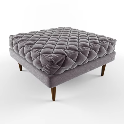 Gray Velvet Quilted Ottoman With Wooden Legs Modern Living Room Furniture 3d model